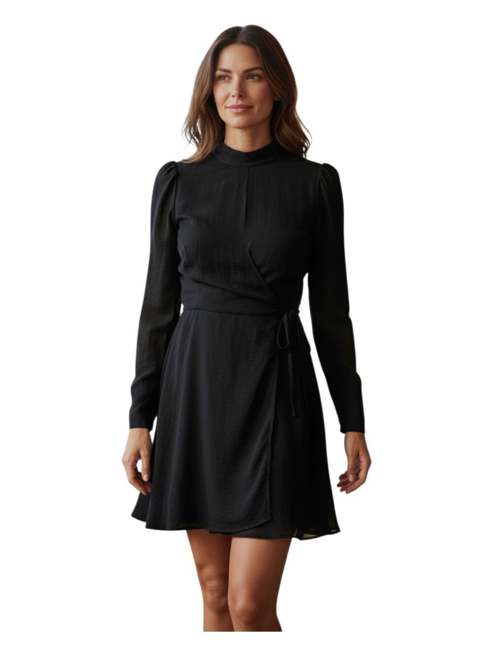 Francescas Womens Miami Black Mock Neck Tie Waist Wrap Dress Size Medium